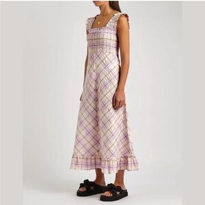 Ganni Smocked Checked Seersucker Midi Dress